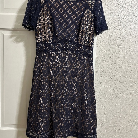 Sangria Midi Elegant Fit and Flare Lace overlay dress in Navy, 10 - Picture 2 of 8